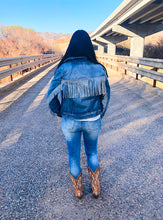 Load image into Gallery viewer, Light Blue Denim Rhinestone Fringe Jacket, Size M