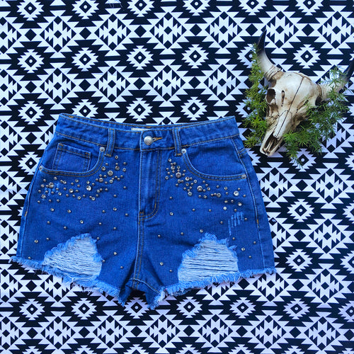 Broadway Girl Rhinestone Studded Denim Shorts