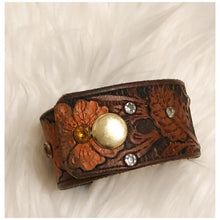 Load image into Gallery viewer, Floral Leather Cuff Bracelet with Rhinestones