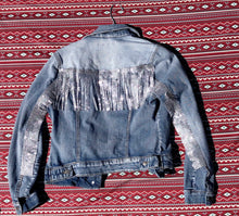 Load image into Gallery viewer, Light Blue Denim Rhinestone Fringe Jacket, Size M