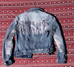 Light Blue Denim Rhinestone Fringe Jacket, Size M