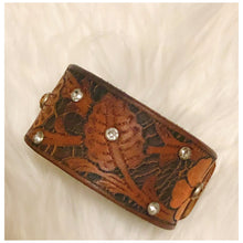 Load image into Gallery viewer, Floral Leather Cuff Bracelet with Rhinestones