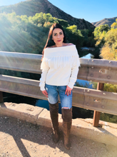 Load image into Gallery viewer, Ivory Fringe Off Shoulder Sweater