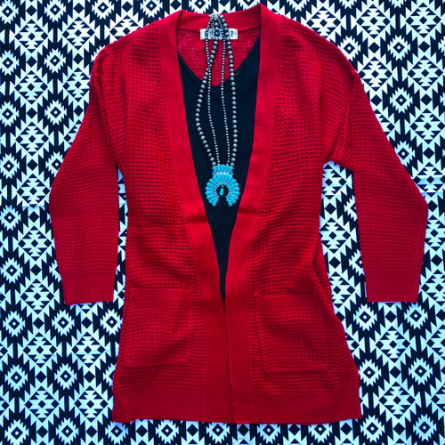 Red Waffle Knit Cardigan