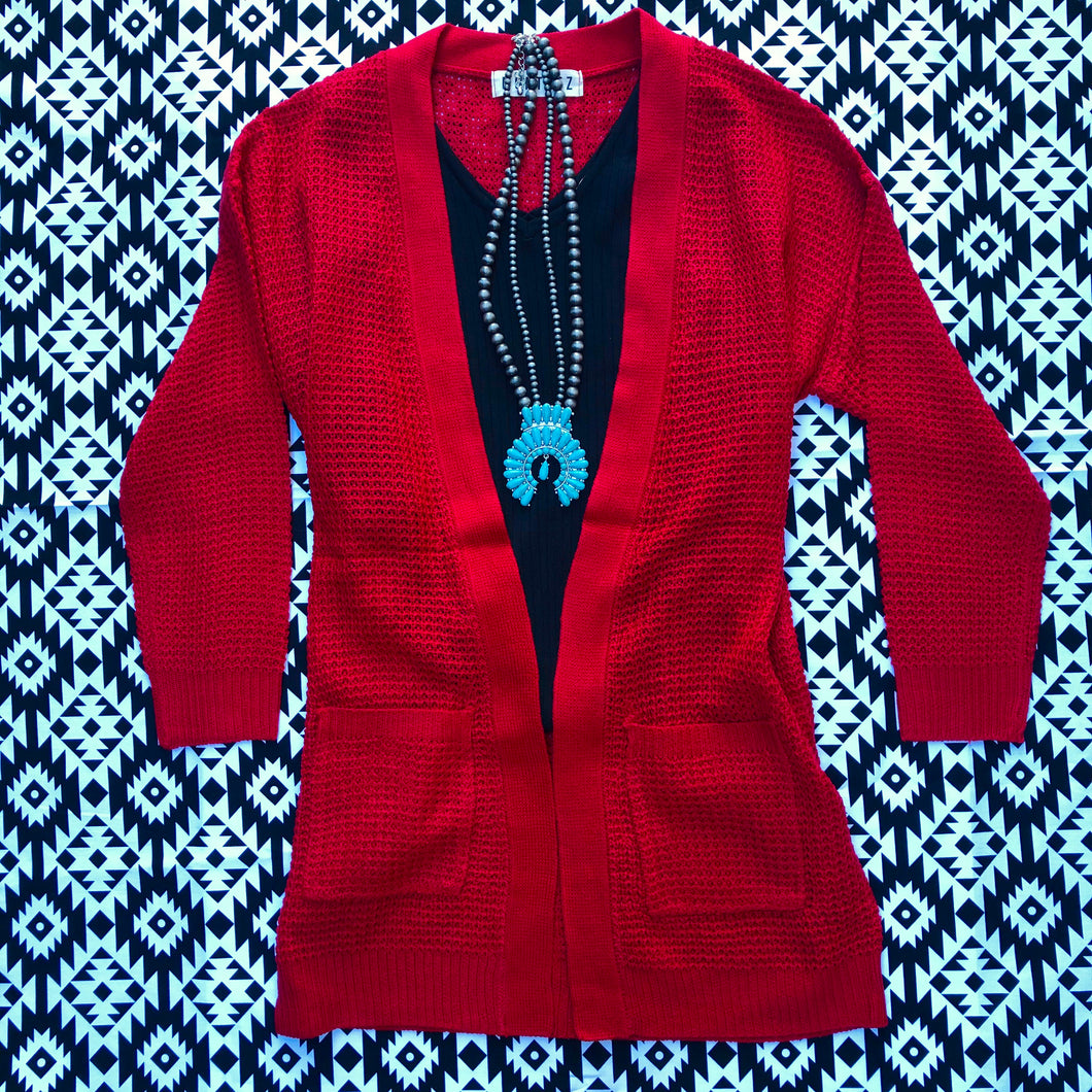 Red Waffle Knit Cardigan