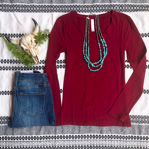 Wine Long Sleeve V-Neck Tee