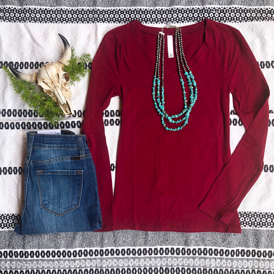 Wine Long Sleeve V-Neck Tee