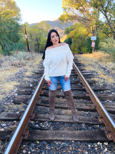 Ivory Fringe Off Shoulder Sweater