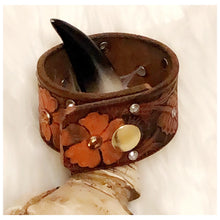 Load image into Gallery viewer, Floral Leather Cuff Bracelet with Rhinestones