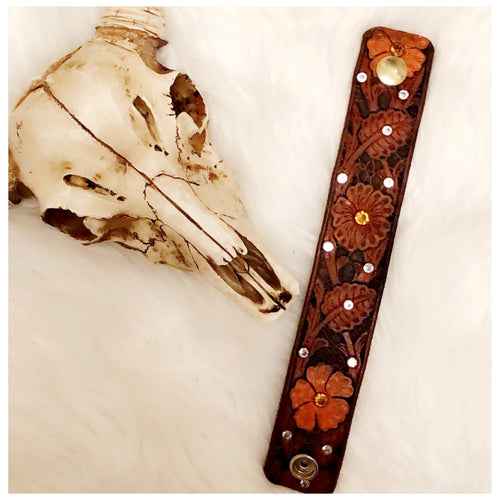 Floral Leather Cuff Bracelet with Rhinestones