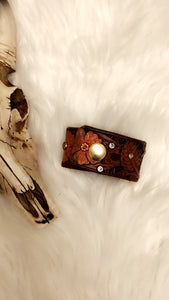 Floral Leather Cuff Bracelet with Rhinestones